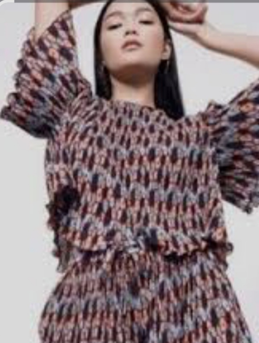 Wildfang Blue and Brown Patterned Pleated Blouse